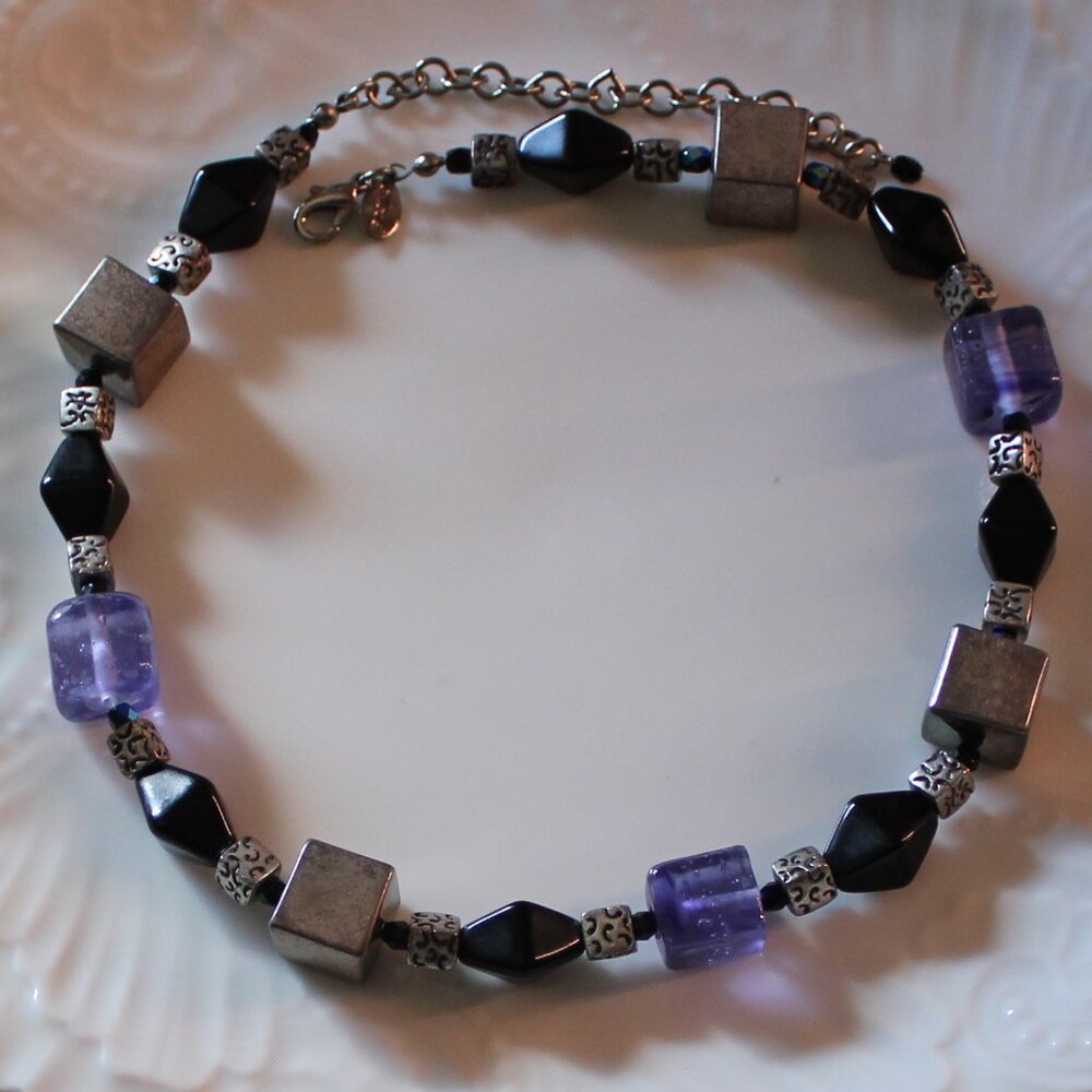 Chico's Punk Style Glass & Metal Beaded Choker - Purple- Black- Silver tone